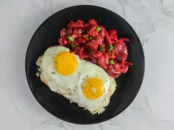 Tocilog with garlic rice and egg at Kalesa Korner Filipino restaurant in Winnipeg, MB